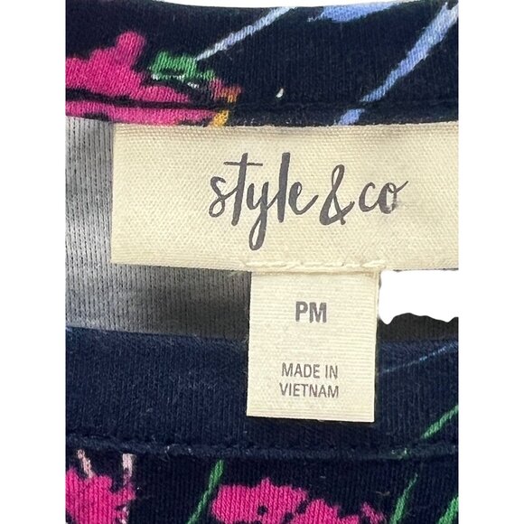 Style & Co Floral 3/4 Sleeve Top Size PM Navy Lightweight Casual Bohemian - Picture 2 of 11